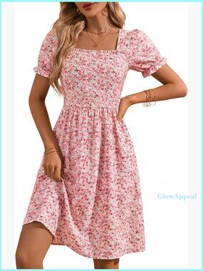 Floral Puff Sleeve Square Neck Midi Sundress with Pockets Casual Summer Dress